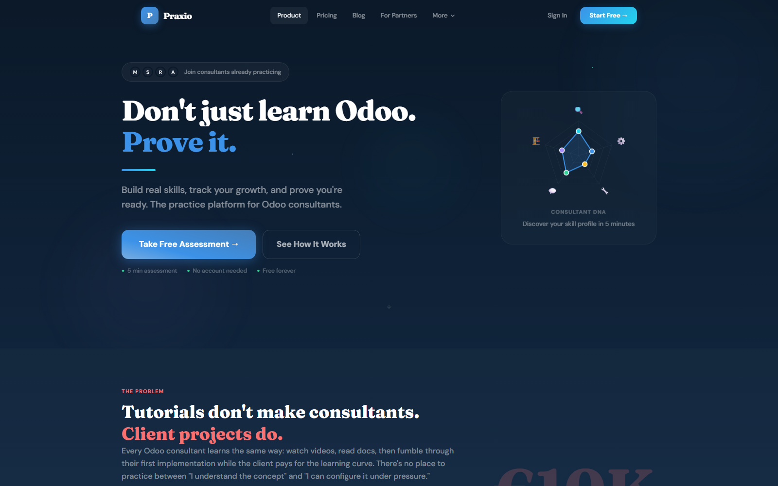 Praxio — practice platform for Odoo consultants, homepage screenshot