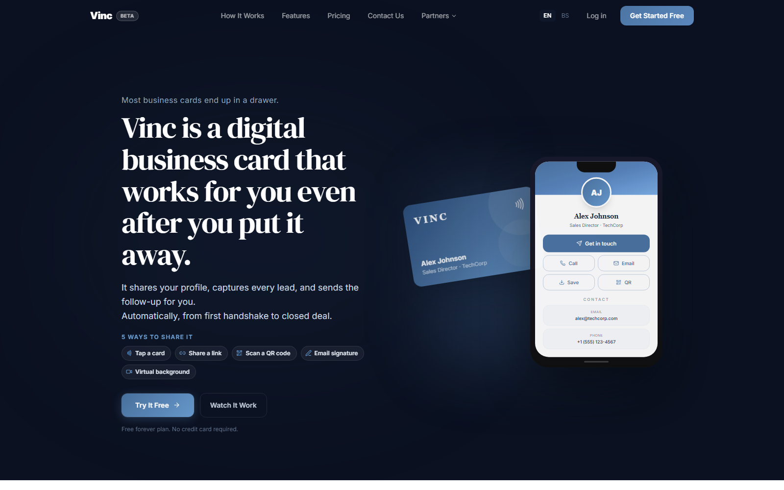 Vinc — digital business card platform, homepage screenshot