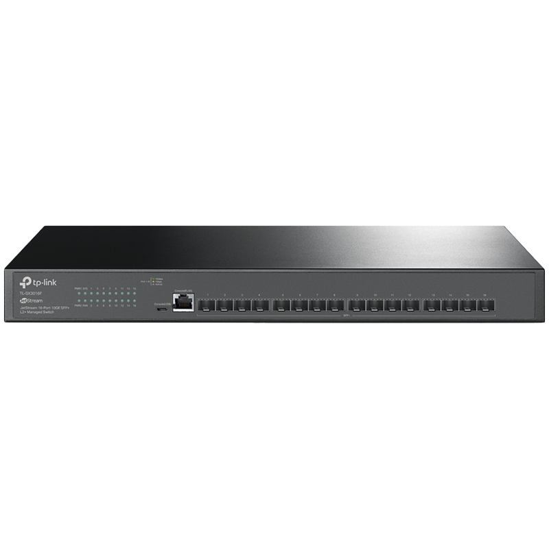 JetStream 16-Port 10GE SFP+ L2+ Managed SwitchPORT: 16× 10G SFP+ Slots, RJ45/Micro-USB Console PortSPEC: 1U 19-inch Rack-mountable Steel CaseFEATURE: Integration with Omada SDN Controller, Static Routing, OAM, sFlow, DDM, 802.1Q VLAN, QinQ, STP/