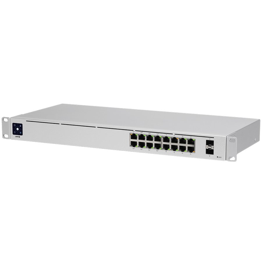 Ubiquiti USW-16-PoE 16-port Layer 2 PoE switch, 8 x GbE PoE+, 8 x GbE ports, 2 x 1G SFP ports, 42W total PoE Power, fanless, silent cooling, ESD/EMP protection, 1.3" touchscreen LCM display, Rackmount (Kit included)