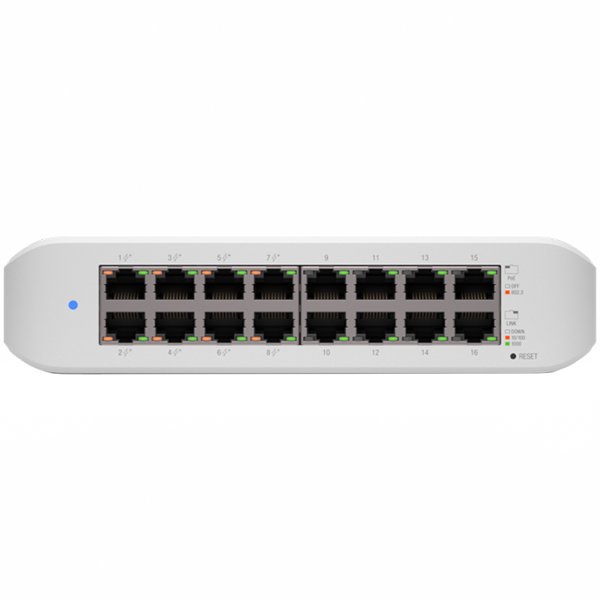 UBIQUITI Lite 16 PoE; (8) GbE PoE+, (8) GbE ports; 45W total PoE availability; Wall mountable.