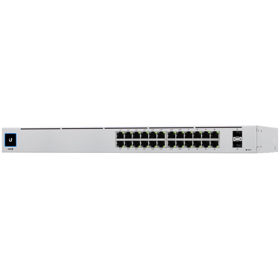 UBIQUITI Pro 24; (24) GbE ports; (2) 10G SFP+ ports; DC power backup-ready; Layer 3 switching; Silent cooling.