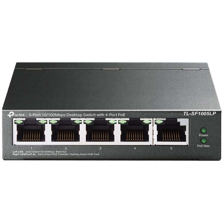 TP-Link TL-SF1005LP 5-Port 10/100Mbps Desktop Switch with 4-Port PoE+, 41 W total PoE budget, PoE Auto Recovery, Up to 250m data and power transmitting range under Extend Mode, Priority Mode, Fanless design, Desktop/Wall-mounting,Durable Metal Casing