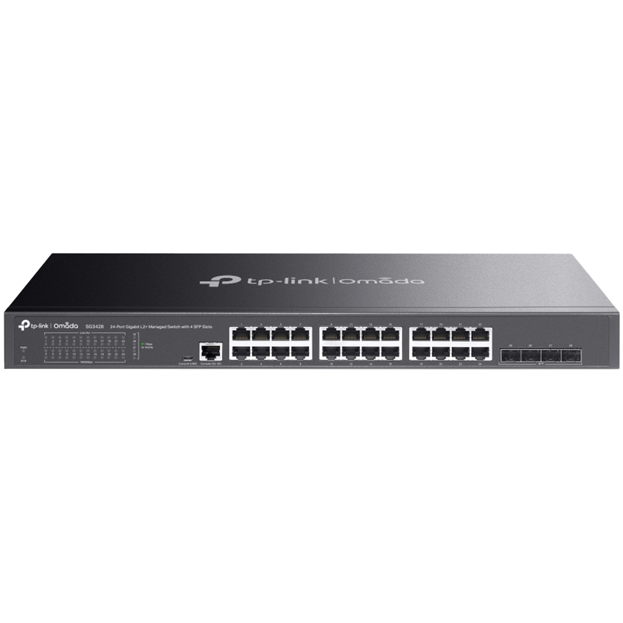 TP-Link SG3428 Omada 24-Port Gigabit L2+ Managed Switch with 4 SFP Slots, 24× Gigabit RJ45 ports and 4× Gigabit SFP slots, Omada APP, Static Routing, VLAN, ACL, QoS, IGMP Snooping, OAM, DDM, ERPS, Fanless, 1U, Zero-TouchProvisioning, ERPS