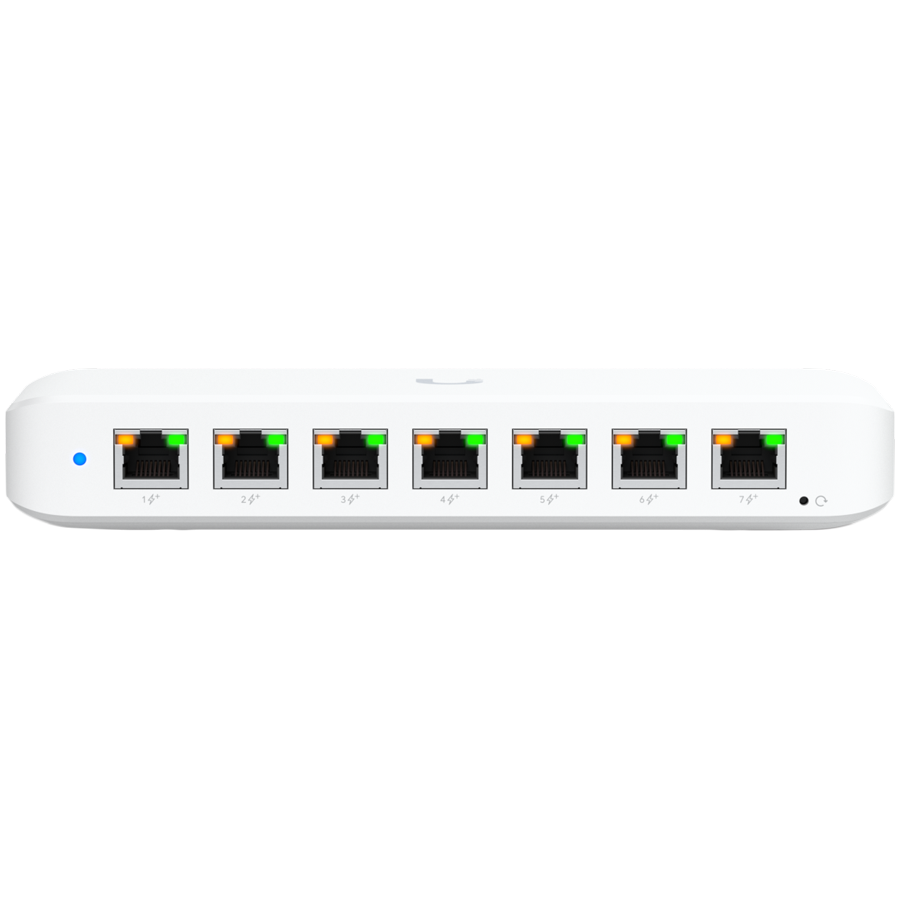 Ubiquiti USW-Ultra-210W-EU compact, Layer 2, 8-port GbE PoE switch with versatile mounting options, 7x GbE PoE+ output ports, GbE port with optional PoE++ input, 202W PoE availability with the included AC power adapter