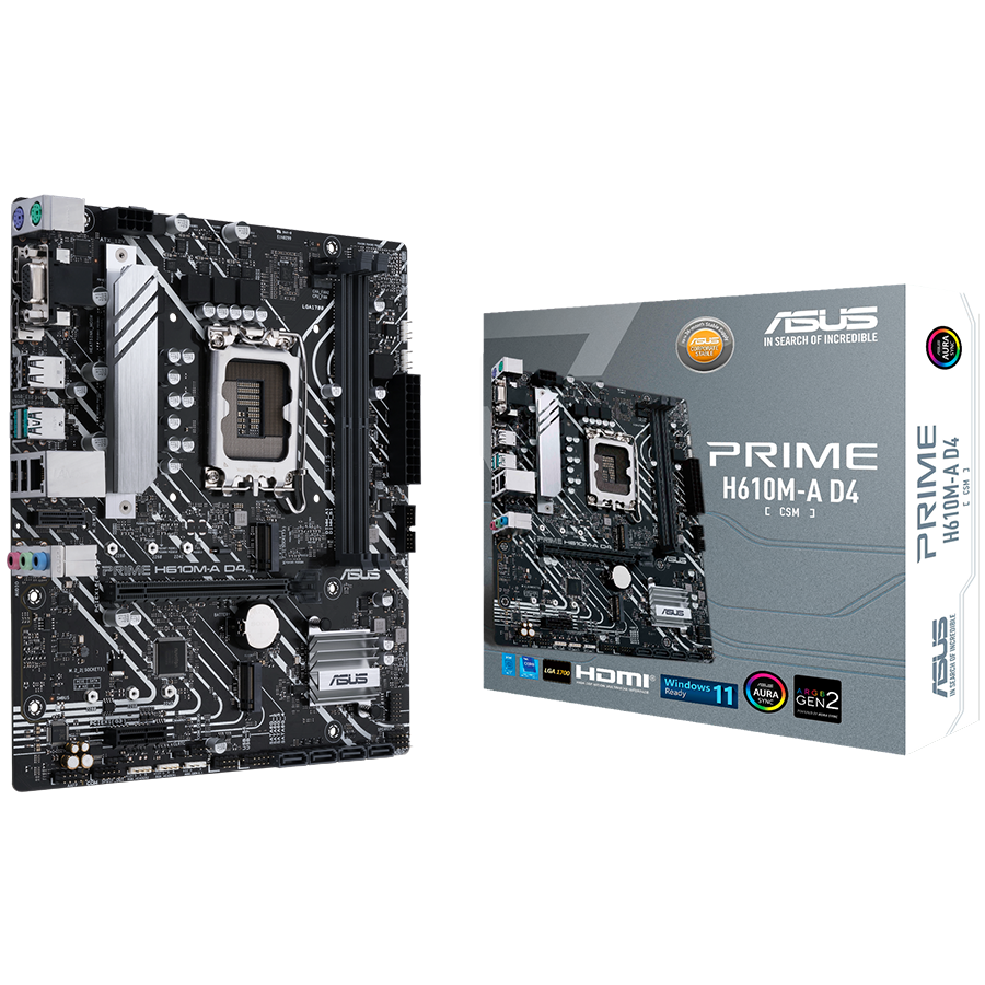 ASUS PRIME H610M-A D4-CSM LGA1700 mATX MB - Intel H610 2xDIMM DDR4 2xM.2 4xSATA PCIe 4.0 1Gb Ethernet 1xD-SUB 1xDisplayPort 1xHDMI with Addressable Gen 2 headers and Aura Sync