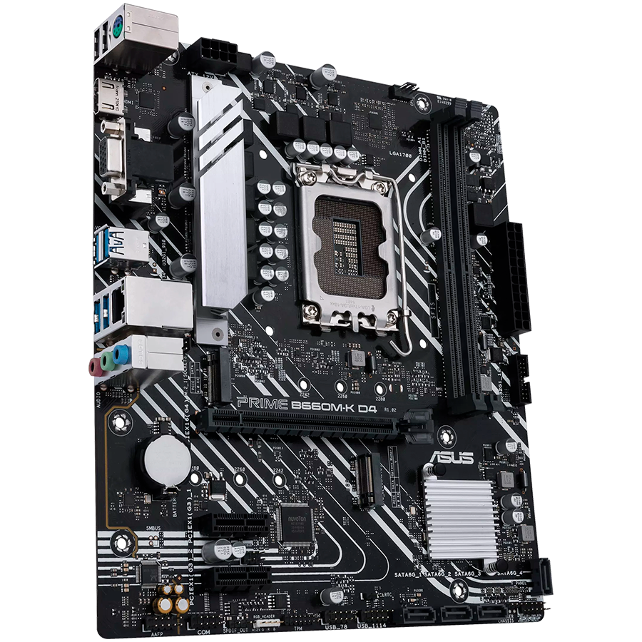 ASUS PRIME B660M-K D4 LGA1700 mATX MB - Intel B660 2xDIMM DDR4 2xM.2 4xSATA PCIe 4.0 1Gb Ethernet 1xD-SUB 1xHDMI with ASUS Lighting Control