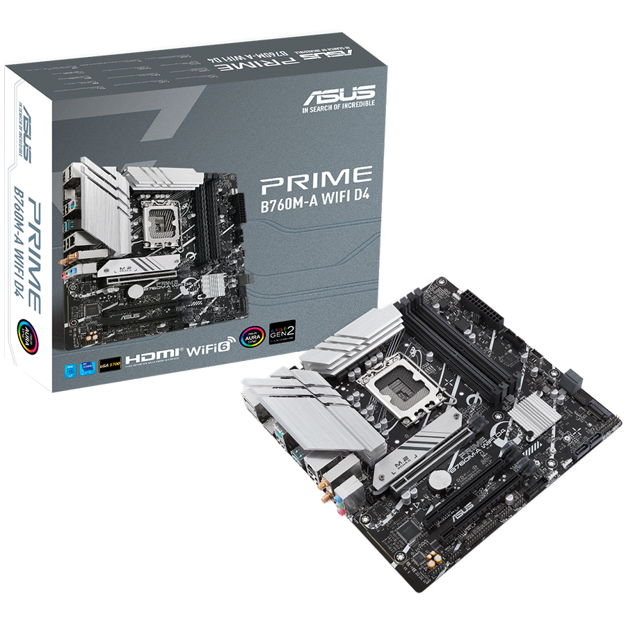 ASUS PRIME B760M-A WIFI D4 LGA1700 mATX MB - Intel B760 4xDIMM DDR4 2xM.2 4xSATA PCIe 4.0 2.5Gb Ethernet WiFi 6 + Bluetooth 1xDisplayPort 2xHDMI with Aura Sync support