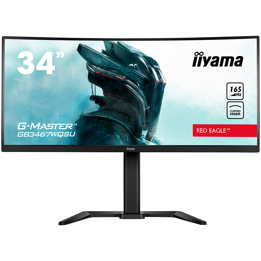 IIYAMA Monitor GB3467WQSU-B5 Gaming 34" UW ETE VA-panel, Curved Gaming 1500R, G-Master Red Eagle, 3440x1440@165Hz (21:9), 0,4ms (MPRT), 550cdm² HDR400, FreeSync Premium, Speakers, 2xHDMI, 2xDisplayPort, USB-HUB (4x 3.0), 15cm Height Adj. Stand