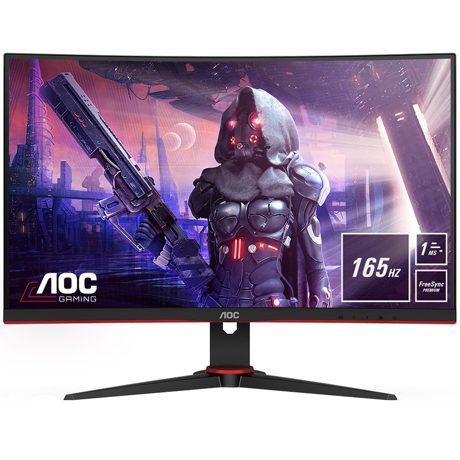 AOC Monitor LED C27G2AE Gaming  Curved 165Hz (27“, 16:9, 1920x1080, VA, 165Hz, 250 cd/m², 4000:1, 1 ms, 178/178°, Speakers,  VGA, HDMI, DP, Tilt, FreeSync Premium, Frameless) Black-Red, 3y