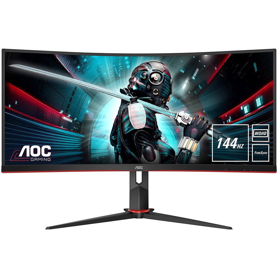 AOC Monitor Gaming CU34G2X 34” Curved VA, 21:9, 3440x1440, 144Hz, 1ms, 400 cd/m2, Usb Hub, HDMI, DP, 3-sided frameless, Adaptive Sync, HAS 13cm, Tilt, Black-Red, VESA 3y