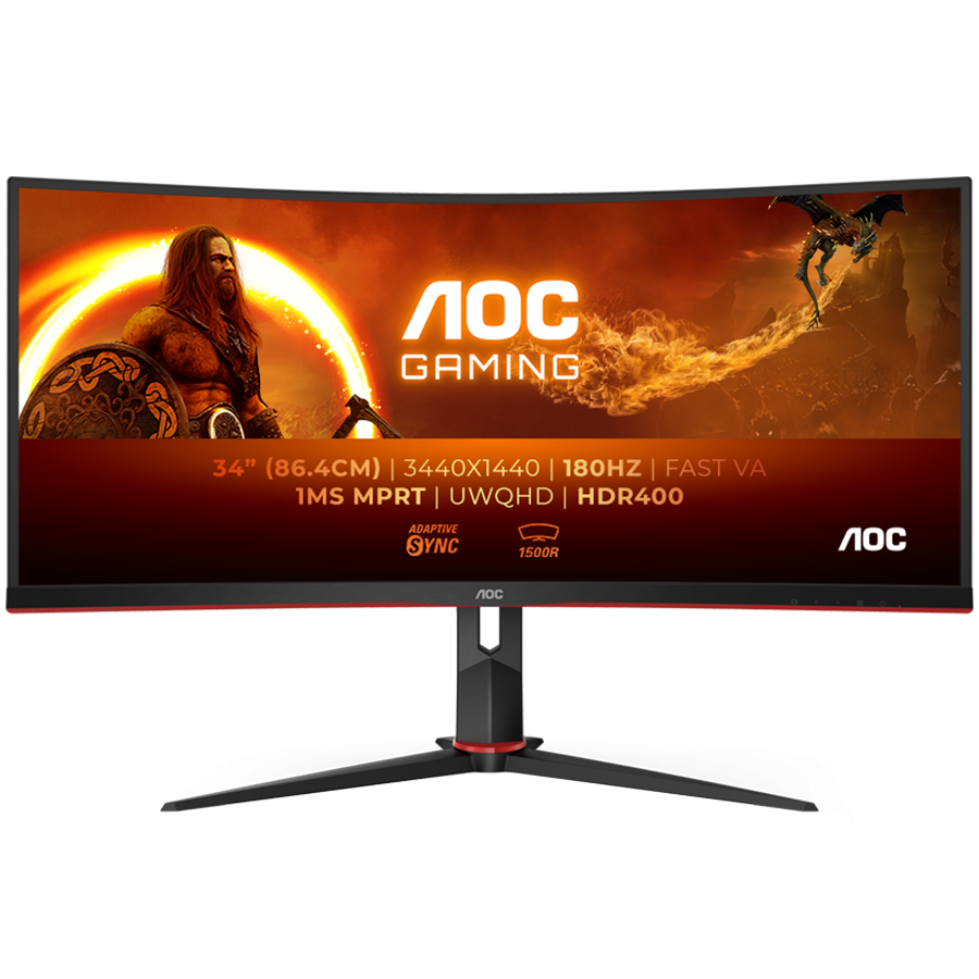 AOC Monitor Gaming CU34G2XP 34” Curved VA, 21:9, 3440x1440, 180Hz, 1ms, 430 cd/m2, 4000:1, HDMI, DP, PbP, PiP,  Ergonomic, Black-Red, VESA 3y