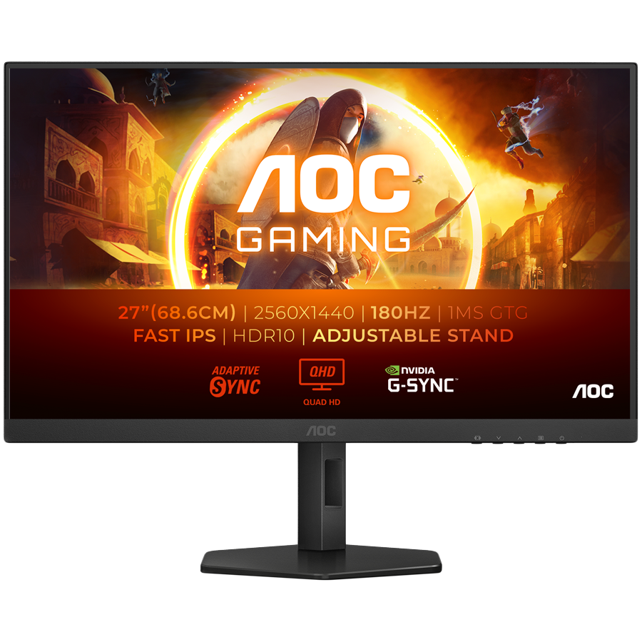 AOC Monitor Q27G4XF 27" Fast IPS 2560x1440 Antiglare  180Hz, HDR 10, 0.5ms, 1000:1, HDMI, DP, Full Ergo, Adaptive Sync 3y