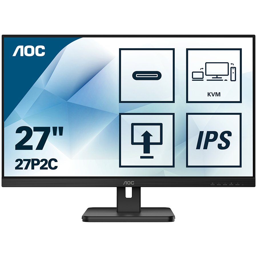 AOC Monitor LED 27” 27P2C Black IPS USB-C, 16:9, 1920x1080, 4ms, 250 cd/m2, 1000:1, HDMI, DP, USB-C, USBhub, 2Wx2, vesa