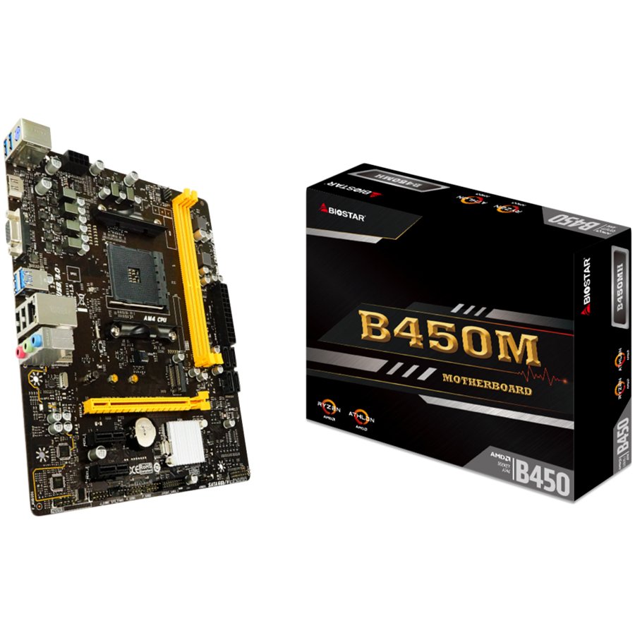 BIOSTAR MB B450 AM4 2 x DDR4 DIMM 1 x M.2 4 x SATA III 1 x HDMI Port 1 x VGA Port 1 x LAN Port Micro ATX