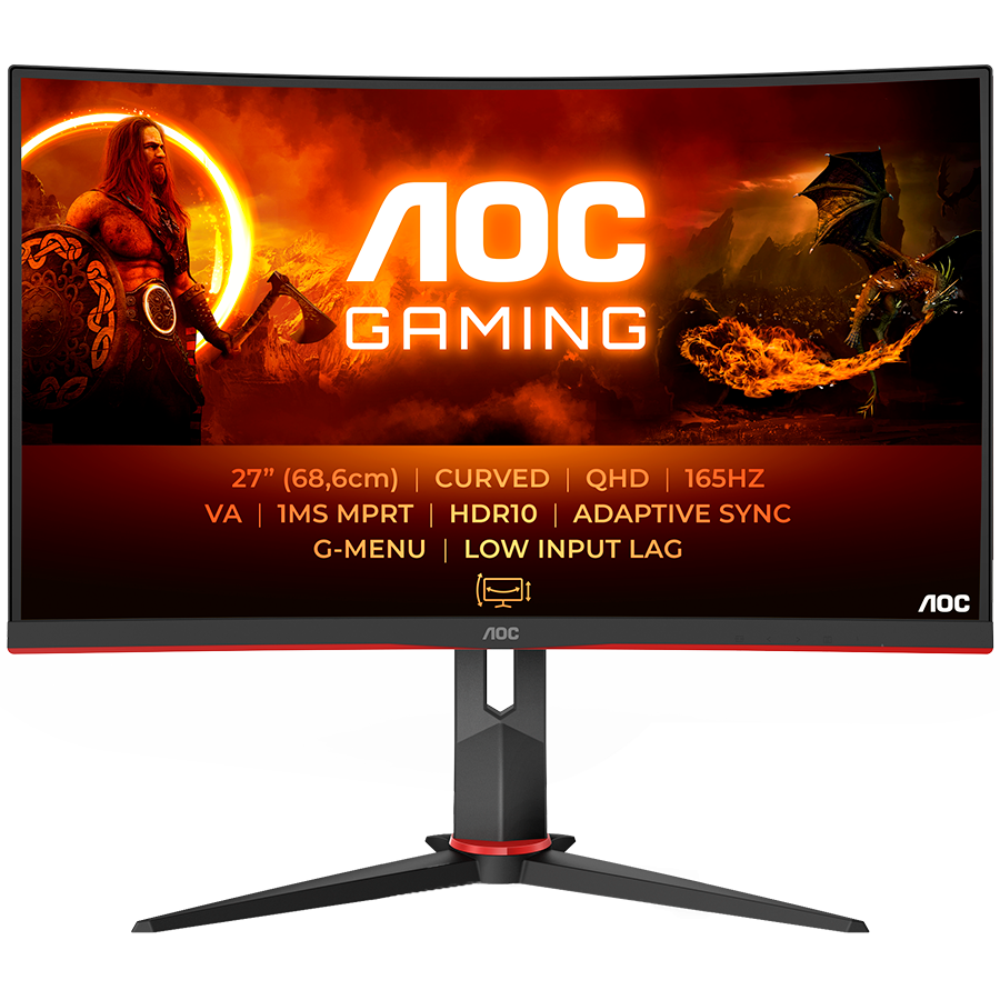 AOC Monitor LED CQ27G2S 27” Gaming Curved 144Hz QHD (27“, 16:9, 2560x1440, VA, 144hz, 250 cd/m², 3000:1, 1 ms MPRT, 2xHDMI, DP, Full Ergonomic, Frameless) Black-Red, 3y