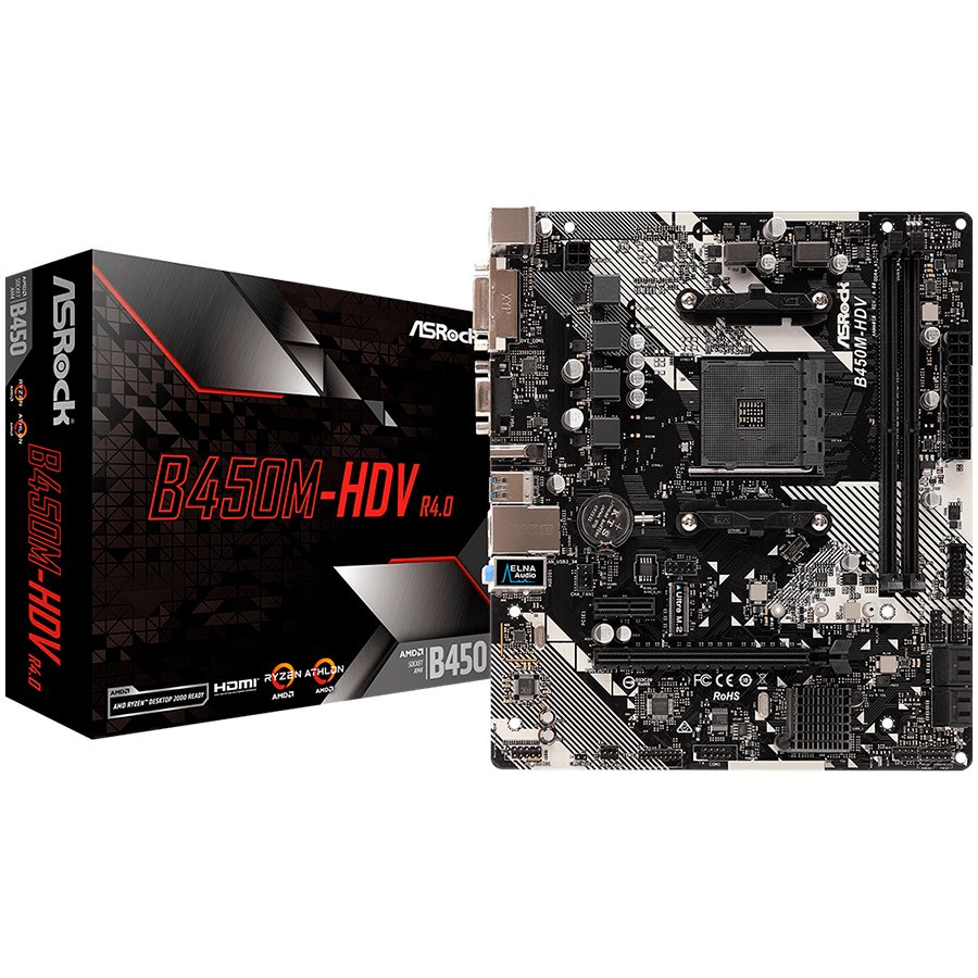 ASROCK Main Board Desktop B450M-HDV R4.0 (SAM4,2xDDR4,1xPCI 3.0x16,1xPCI Ex1,SATA III,1xM.2,1xUlraM.2,USB3.0,GLAN, VGA,DVI,HDMI,) mATX Retail