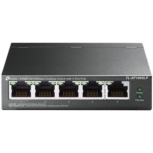 [TL-SF1005LP] TP-Link TL-SF1005LP 5-Port 10/100Mbps Desktop Switch with 4-Port PoE+, 41 W total PoE budget, PoE Auto Recovery, Up to 250m data and power transmitting range under Extend Mode, Priority Mode, Fanless design, Desktop/Wall-mounting,Durable Metal Casing