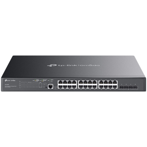 [SG3428MP] TP-Link SG3428MP Omada 28-Port Gigabit L2+ Managed Switch with 24× Gigabit 802.3af/at PoE+ ports and 4× Gigabit SFP slots, 384 W total PoE budget, Omada app, Static Routing, VLAN, ACL, QoS, IGMP Snooping, OAM, and DDM, ERPS, Zero-Touch Provisioning