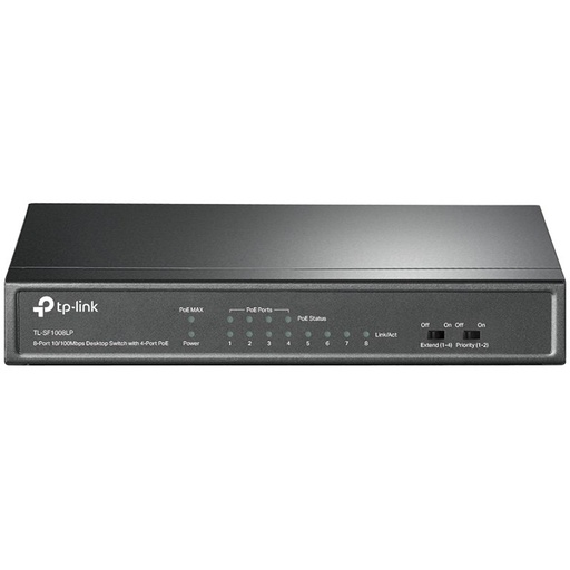 [TL-SF1008LP] 8-Port 10/100Mbps Unmanaged Switch with 4-Port PoE, metal case, desktop mount, PoE budget 41W.