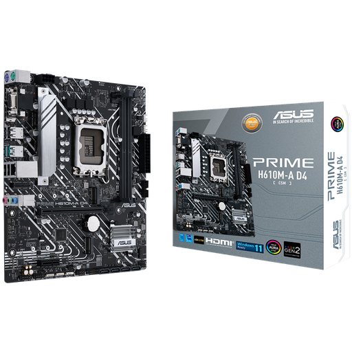 [90MB19P0-M0EAYC] ASUS PRIME H610M-A D4-CSM LGA1700 mATX MB - Intel H610 2xDIMM DDR4 2xM.2 4xSATA PCIe 4.0 1Gb Ethernet 1xD-SUB 1xDisplayPort 1xHDMI with Addressable Gen 2 headers and Aura Sync