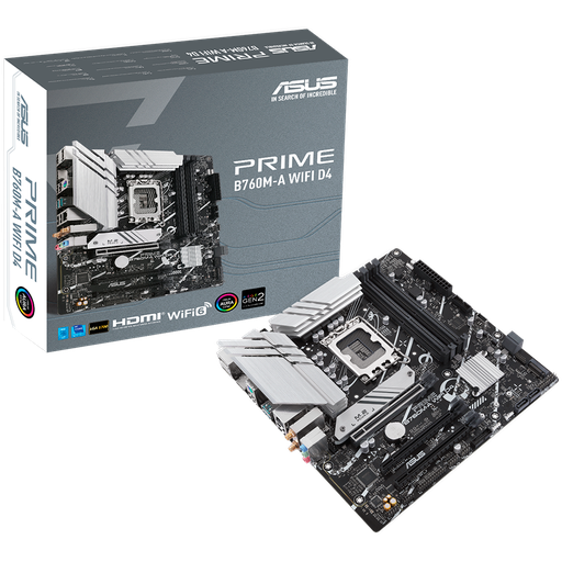 [90MB1CX0-M1EAY0] ASUS PRIME B760M-A WIFI D4 LGA1700 mATX MB - Intel B760 4xDIMM DDR4 2xM.2 4xSATA PCIe 4.0 2.5Gb Ethernet WiFi 6 + Bluetooth 1xDisplayPort 2xHDMI with Aura Sync support