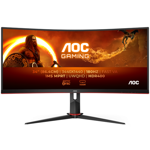 [CU34G2XP/BK] AOC Monitor Gaming CU34G2XP 34” Curved VA, 21:9, 3440x1440, 180Hz, 1ms, 430 cd/m2, 4000:1, HDMI, DP, PbP, PiP,  Ergonomic, Black-Red, VESA 3y