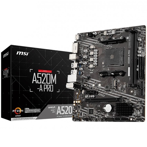 [A520M-A PRO] MSI Main Board Desktop A520M-A PRO (A520, AM4, 2xDDR4, 1x PCI-E 3.0 x16 slot,1x M.2 slot,4x USB 3.2 Gen1,2x USB 2.0,1x HDMI,1x DVI-D,Gigabit LAN,7.1 HD Audio, mATX, Retail)